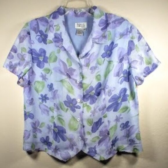 Style & Co. Collection Floral Short Sleeve Light Blue Button Up Top Size 12P - Picture 8 of 15